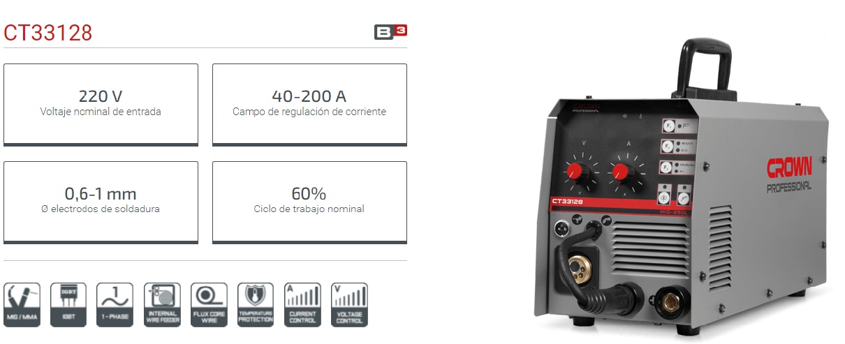 Soldadora MIG 200 CROWN carrete 15 KG especificaciones